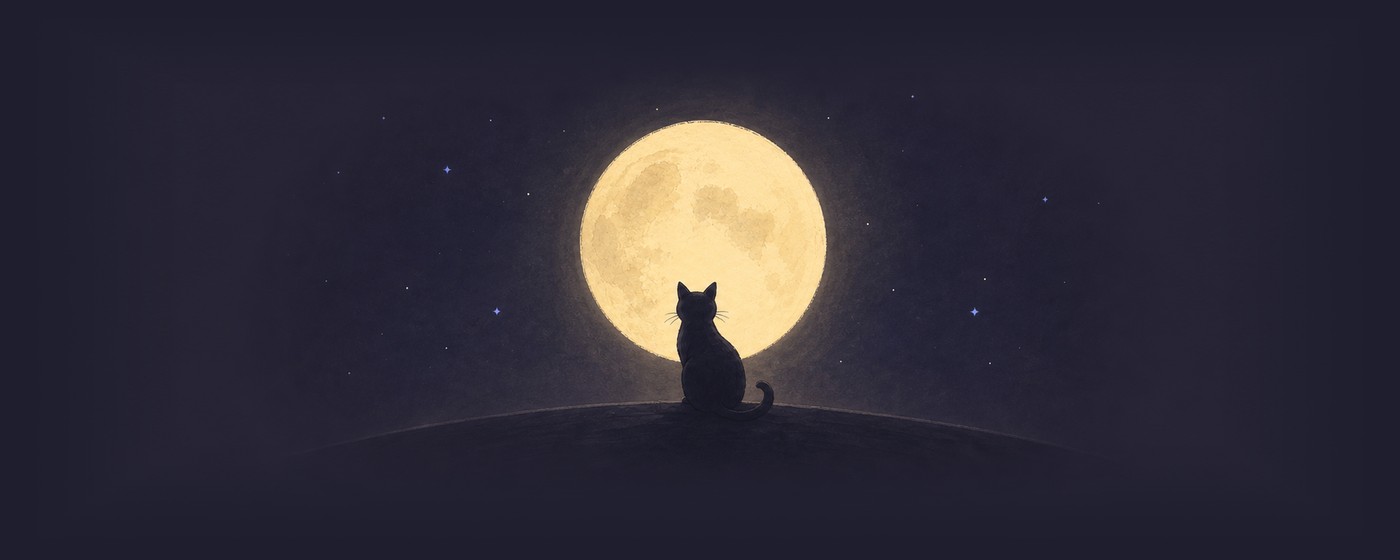 A seated black cat looking toward a large moon